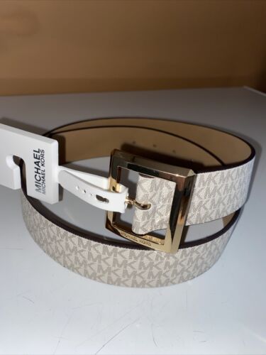 MICHAEL KORS BELT WHITE MK LOGO GOLD BUCKLE SIZE MEDIUM "CLASSY" MSRP $42