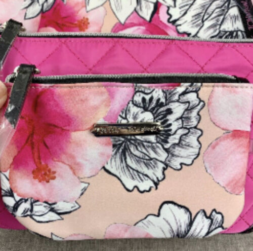 Betsey Johnson 3 Pieces Cosmetic Case Zip Around Blush Background Floral Bag NWT