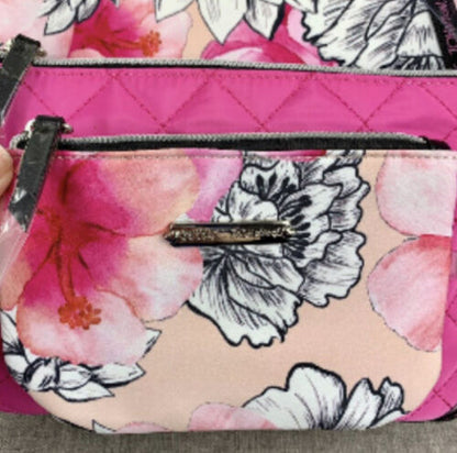 Betsey Johnson 3 Pieces Cosmetic Case Zip Around Blush Background Floral Bag NWT