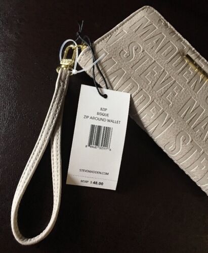 STEVE MADDEN WALLET Bisque Stamped Logo Zip Around Organizer Wristlet Free Ship