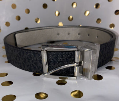 MICHAEL KORS BELT REVERSIBLE BLACK WITH LOGO/METALLIC SILVER WITH SILVER BUCKLE