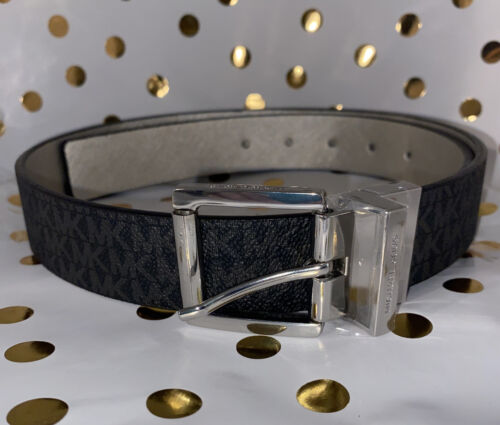 MICHAEL KORS BELT REVERSIBLE BLACK WITH LOGO/METALLIC SILVER WITH SILVER BUCKLE