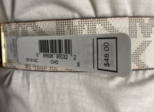 MICHAEL KORS BELT REVERSIBLE CHOCOLATE/VANILLA MK LOGO PRINT GOLD OVAL BUCKLE