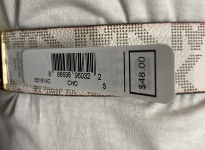 MICHAEL KORS BELT REVERSIBLE CHOCOLATE/VANILLA MK LOGO PRINT GOLD OVAL BUCKLE