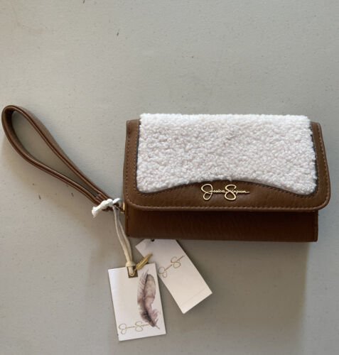 Jessica Simpson Vienna Trifold Wristlet Wallet Shearling Sherpa Almond Brown