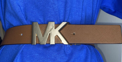 MICHAEL KORS BELT VANILLA/LUGGAGE PRINTED MK LOGO WITH GOLD MK LOGO BUCKLE LARGE