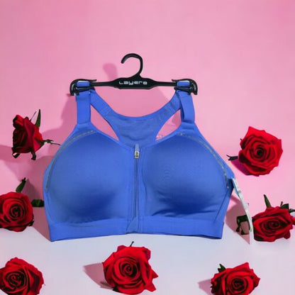 LAYER 8 MAXIMUM SUPPORT SIZE LARGE SPORT BRA FITTED Blue/SilverFront Zipper-NEW