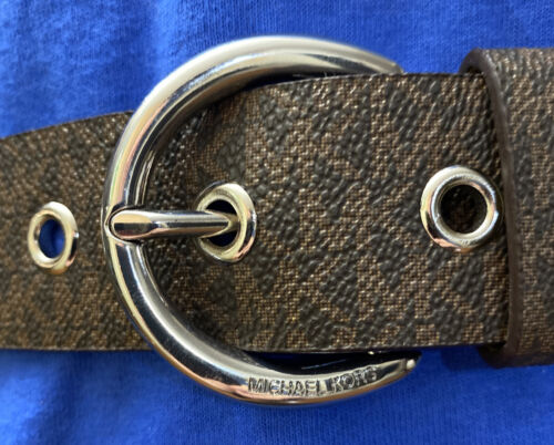 MICHAEL KORS BELT BROWN MK LOGO SILVER HALF ROUND BUCKLE REALLY NICE!!!