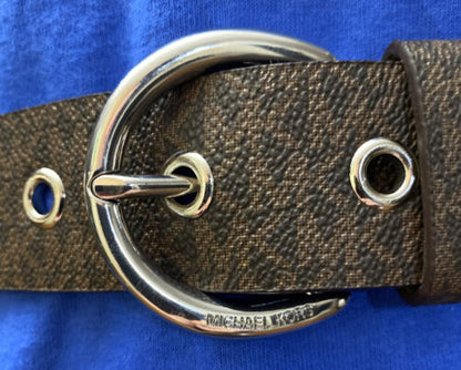 MICHAEL KORS BELT BROWN MK LOGO SILVER HALF ROUND BUCKLE REALLY NICE!!!