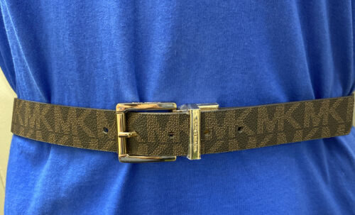 Michael Kors Belt Reversible Brown to Vanilla Large MK Logo Gold Buckle Large