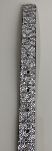 Michael Kors belt glittery gold printed MK logo gold rectangle buckle "Skinny" M