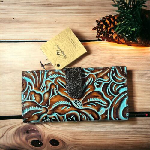 Patricia Nash~Nazari Leather Turquoise & Brown ~ Bi-fold Wallet P419133 ~ UNIQUE