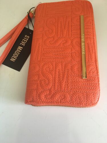 STEVE MADDEN WALLET WRISTLET ORANGE STITCHED BIG LETTER LOGO (SM) GOLD HARDWARE