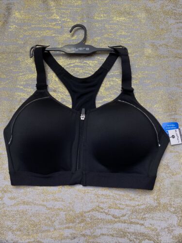 LAYER 8 MAXIMUM SUPPORT SIZE LARGE SPORT BRA FITTED Bl/SilverFront Zipper-NEW