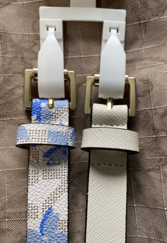 Michael Kors belts 2 For 1 Blue Floral And Cream Gold Buckles MK Logo "Skinny"