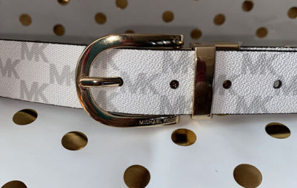 MICHAEL KORS BELT REVERSIBLE LUGGAGE/WHITE WITH MK LOGO GOLD "C" BUCKLE