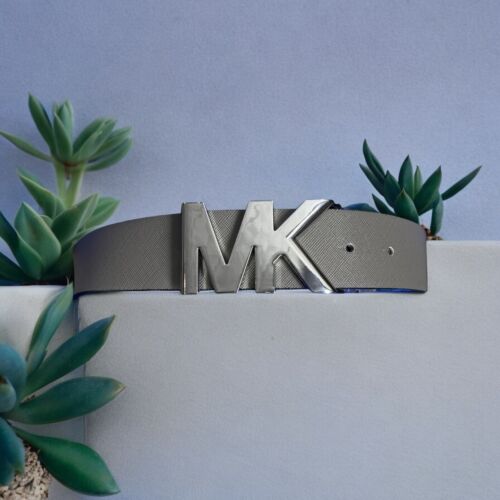 MICHAEL KORS BELT REVERSIBLE BLACK MK LOGO TO SOLID GRAY SILVER MK LOGO BUCKLE