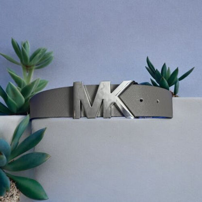 MICHAEL KORS BELT REVERSIBLE BLACK MK LOGO TO SOLID GRAY SILVER MK LOGO BUCKLE