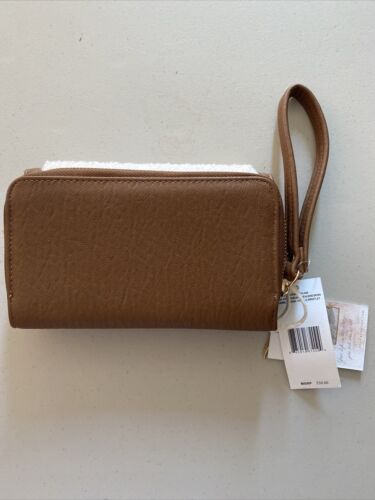 Jessica Simpson Vienna Trifold Wristlet Wallet Shearling Sherpa Almond Brown