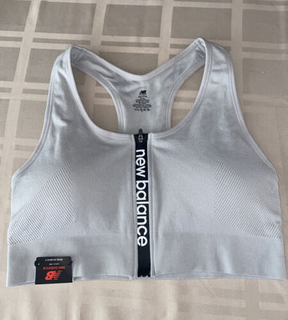 NEW BALANCE Medium Impact Sports Bra Style #R000440 GRAY~ FRONT ZIP LOGO