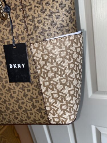 DKNY Gigi Tote Signature Logo Vanilla/Brown  Gold Hardware MSRP $178.00 ELEGANT