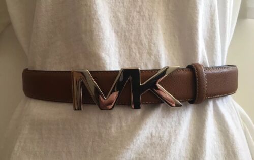 MICHAEL KORS BELT LUGGAGE BROWN MK LOGO BUCKLE SILVER SIZE 36 MSRP$48
