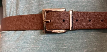 MICHAEL KORS BELT REVERSIBLE CREAM LUGGAGE LEATHER MK LOGO GOLD BUCKLE