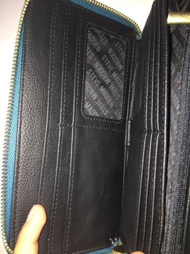 STEVE MADDEN WALLET WRISTLET TEAL BLUE SMOOTH TEXTURED GOLD ZIPPER