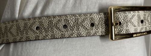 Michael Kors belt glittery gold printed MK logo gold rectangle buckle "Skinny" M