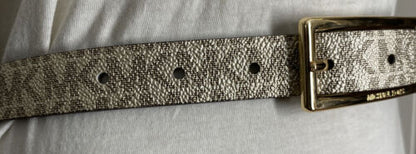 Michael Kors belt glittery gold printed MK logo gold rectangle buckle "Skinny" M