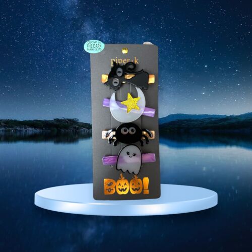 Piper K Halloween Glow in the Dark Hair Clips Black Cat Moon Spider Ghost NIP