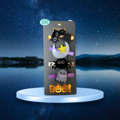 Piper K Halloween Glow in the Dark Hair Clips Black Cat Moon Spider Ghost NIP