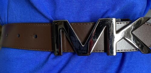 Michael Kors Belt Reversible Luggage/Mocha With Silver Mk Logo Buckle Beautiful