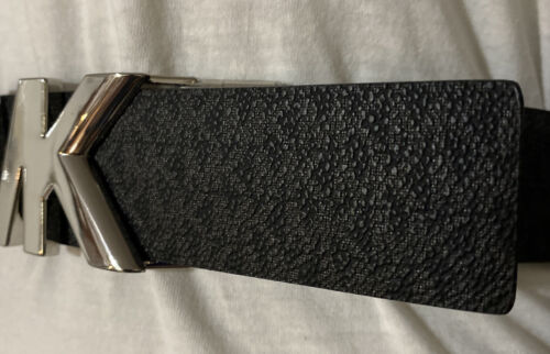 MICHAEL KORS BELT REVERSIBLE BLACK PRINTED MINI LOGO TO BLACK MK SILVER BUCKLE