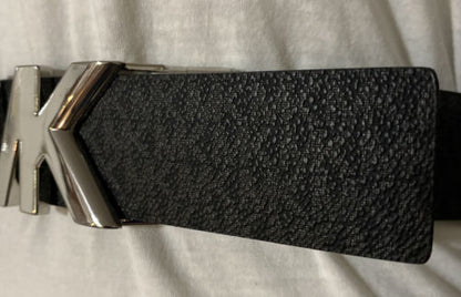 MICHAEL KORS BELT REVERSIBLE BLACK PRINTED MINI LOGO TO BLACK MK SILVER BUCKLE