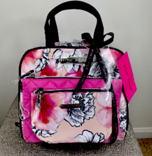 Betsey Johnson 3 Pieces Cosmetic Case Zip Around Blush Background Floral Bag NWT