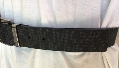 MICHAEL KORS BELT BLACK WITH LARGE PRINTED MK LOGO SILVER BUCKLE LARGE MSRP $48