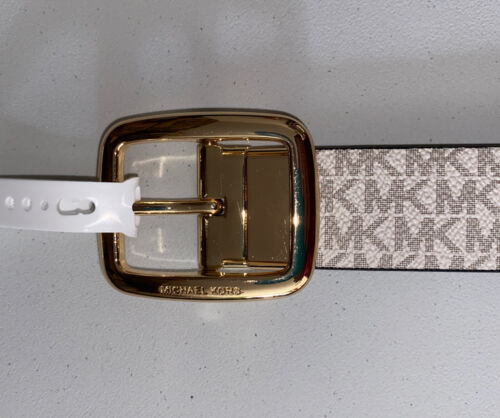 MICHAEL KORS BELT REVERSIBLE VANILLA/BLACK MK LOGO GOLD RECTANGULAR BUCKLE
