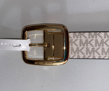 MICHAEL KORS BELT REVERSIBLE VANILLA/BLACK MK LOGO GOLD RECTANGULAR BUCKLE