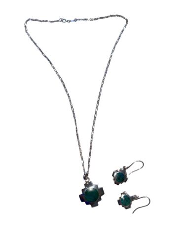 PERUVIAN Chakana Pendant Necklace & Earring Set TURQUOISE Stone 950 Purity