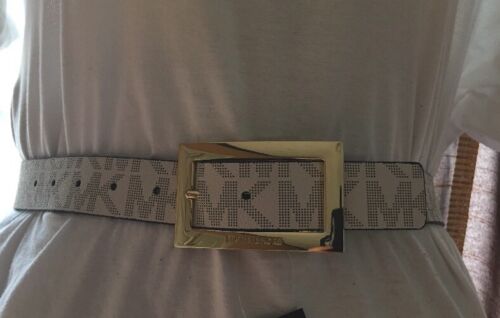 MICHAEL KORS BELT VANILLA/BLACK MK LOGO GOLD RECTANGULAR BUCKLE   MSRP $48