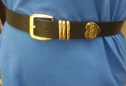 JUICY COUTURE BELT BLACK WITH GOLD BUCKLE + TRIPLE GOLD BELT LOOP GOLD HEART TIP