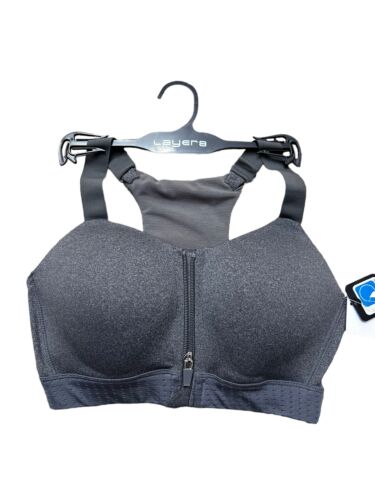 LAYER 8 MAXIMUM SUPPORT SIZE SMALL SPORT BRA FITTED DARK GRAY Front Zipper-NEW