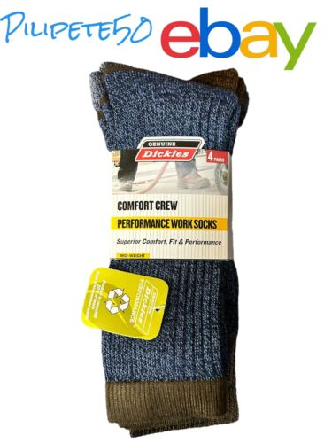 Dickies Comfort Crew Performance Work Socks 4 Pack Mid Weight Men Shoe Size 6-12