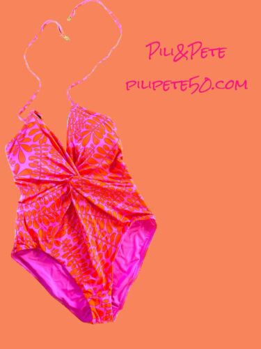 Trina Turk Trellis Twist Plunge Maillot~One Piece Swimsuit- Size 10~Pink/Orange