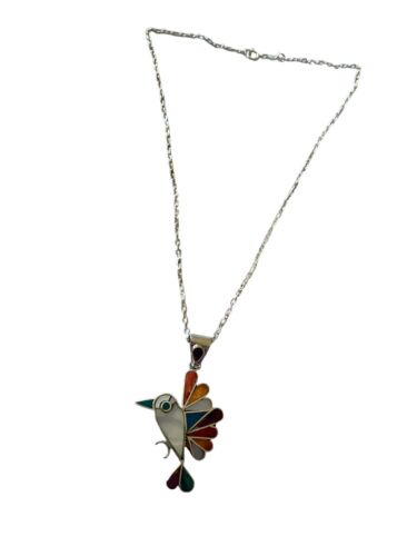 PERUVIAN Hummingbird Pendant Necklace & Earring Set Multicolor Stones 950 Purity