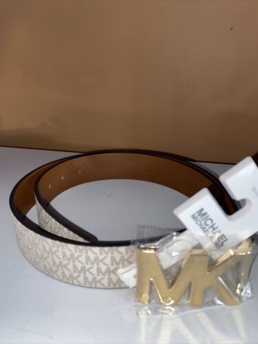 MICHAEL KORS BELT VANILLA/LUGGAGE XL PRINTED MK LOGO WITH GOLD MK LOGO BUCKLE