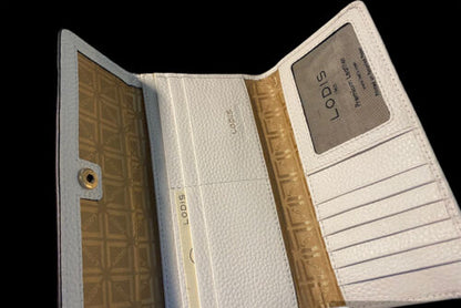 LODIS WHITE Kate Classic Pebbled Leather RFID Slim Large Flap Snap Wallet~UNIQUE
