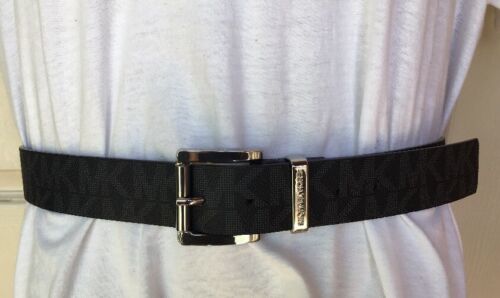 MICHAEL KORS BELT BLACK WITH LARGE PRINTED MK LOGO SILVER BUCKLE LARGE MSRP $48