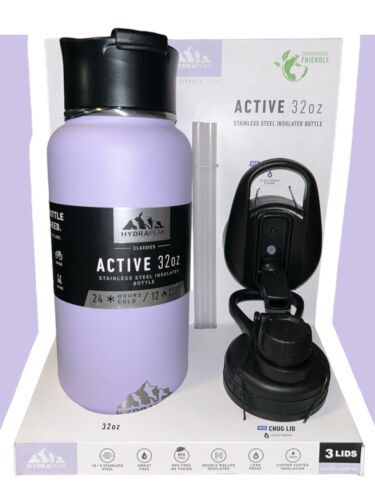 Hydrapeak Active 32 oz Stainless Steel Insulated Lavender Water Bottle~ 3 Lids